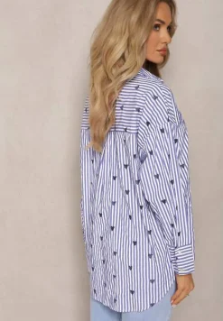 Granatowa Bawełniana Koszula Ozdobiona Wzorem w Cienkie Paski i Serduszka Vatille