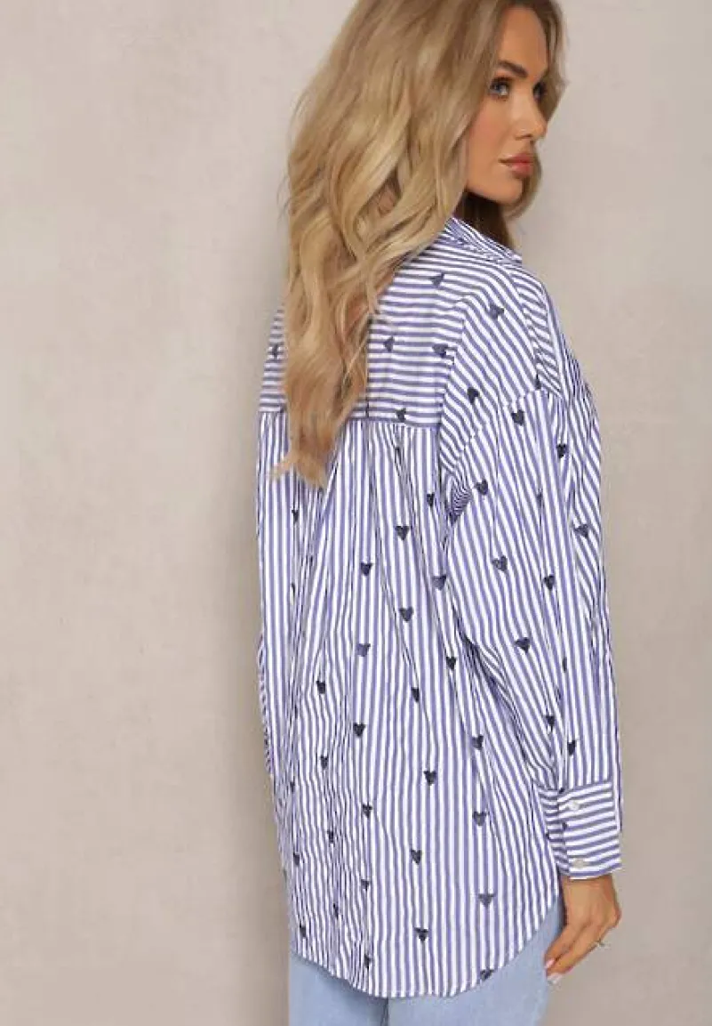 Granatowa Bawełniana Koszula Ozdobiona Wzorem w Cienkie Paski i Serduszka Vatille