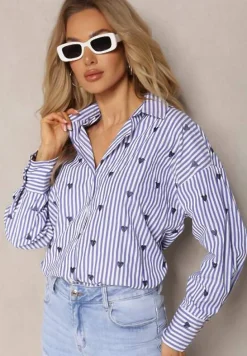 Granatowa Bawełniana Koszula Ozdobiona Wzorem w Cienkie Paski i Serduszka Vatille