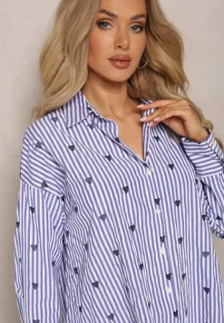 Granatowa Bawełniana Koszula Ozdobiona Wzorem w Cienkie Paski i Serduszka Vatille