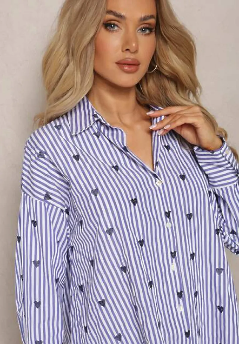 Granatowa Bawełniana Koszula Ozdobiona Wzorem w Cienkie Paski i Serduszka Vatille