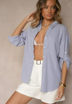 Granatowa Bawełniana Koszula w Paski o Klasycznym Kroju Caldonis