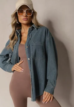 Granatowa Bawełniana Koszula Jeansowa o Klasycznym Fasonie Sigtra