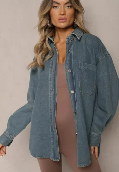 Granatowa Bawełniana Koszula Jeansowa o Klasycznym Fasonie Sigtra