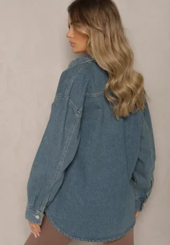 Granatowa Bawełniana Koszula Jeansowa o Klasycznym Fasonie Sigtra