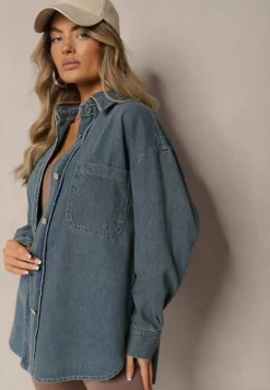 Granatowa Bawełniana Koszula Jeansowa o Klasycznym Fasonie Sigtra