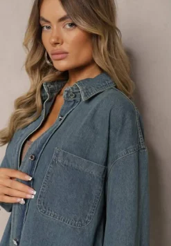 Granatowa Bawełniana Koszula Jeansowa o Klasycznym Fasonie Sigtra