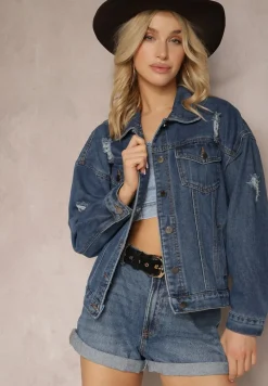 Granatowa Bawełniana Kurtka z Jeansu z Ozdobnymi Przetarciami Sunama