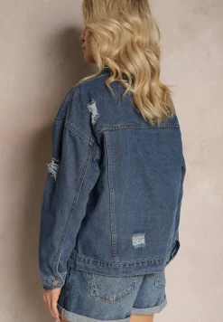 Granatowa Bawełniana Kurtka z Jeansu z Ozdobnymi Przetarciami Sunama