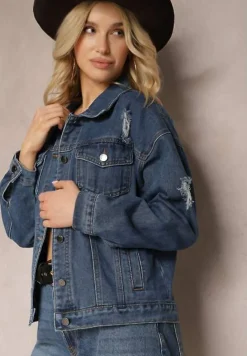 Granatowa Bawełniana Kurtka z Jeansu z Ozdobnymi Przetarciami Sunama