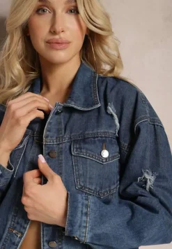 Granatowa Bawełniana Kurtka z Jeansu z Ozdobnymi Przetarciami Sunama