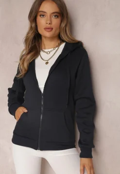 Granatowa Bluza z Kapturem Zapinana na Suwak Edan