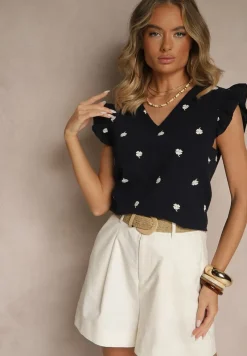 Granatowa Bluzka z Bawełny w Kwiaty z Falbankami Aravindra