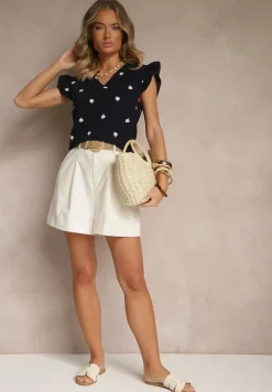 Granatowa Bluzka z Bawełny w Kwiaty z Falbankami Aravindra