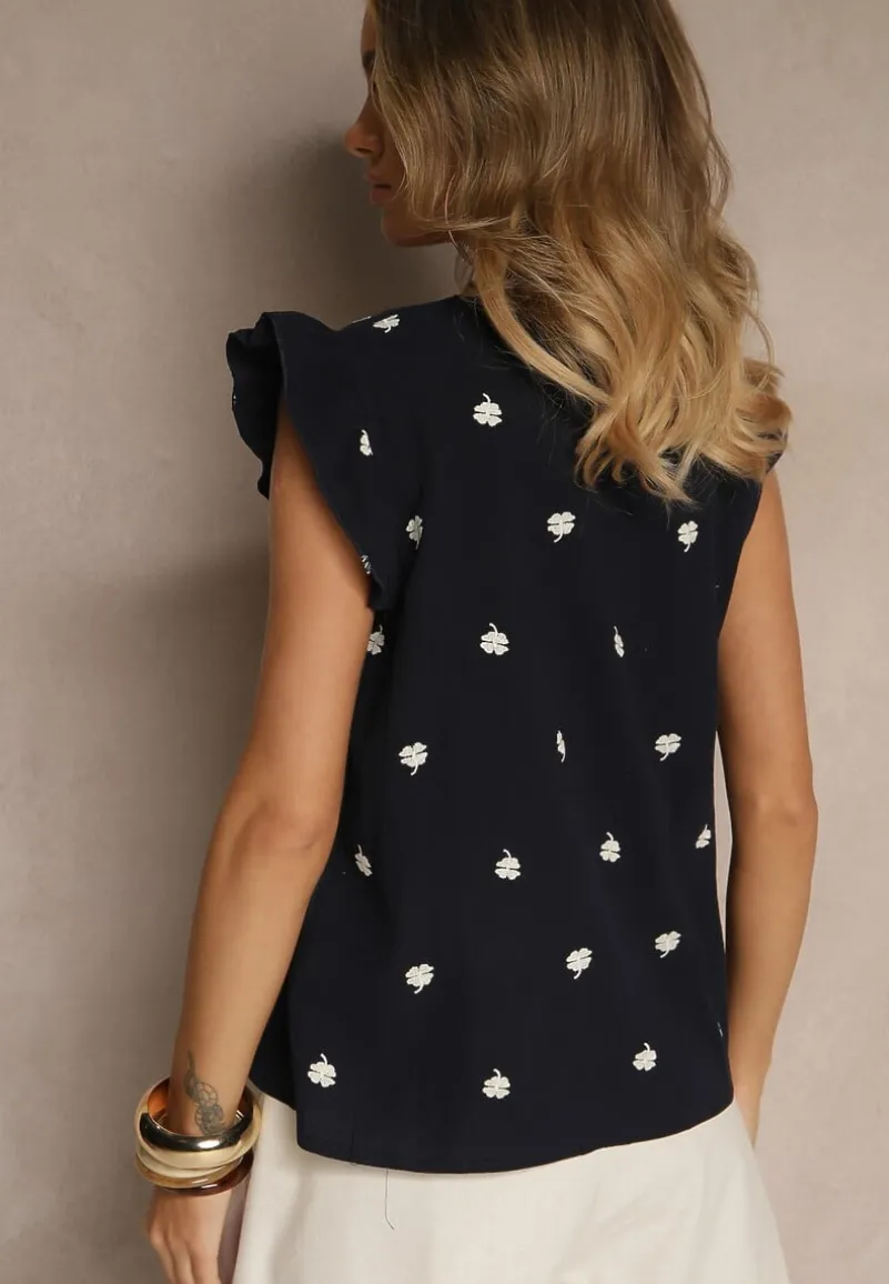 Granatowa Bluzka z Bawełny w Kwiaty z Falbankami Aravindra