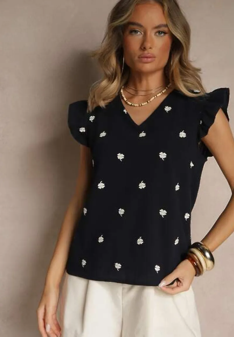 Granatowa Bluzka z Bawełny w Kwiaty z Falbankami Aravindra