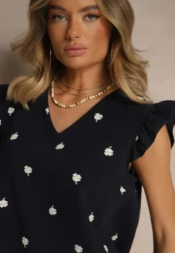 Granatowa Bluzka z Bawełny w Kwiaty z Falbankami Aravindra