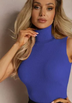 Granatowa Bluzka z Elastycznego Materiału bez Rękawów z Golfem Merdia