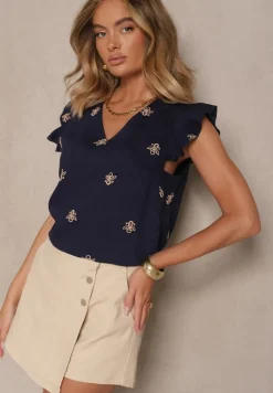 Granatowa Bluzka z Lnu i Wiskozy z Ozdobnym Haftem i Falbankami Nelivina