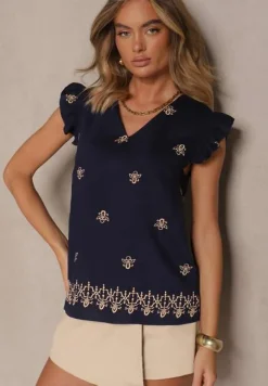 Granatowa Bluzka z Lnu i Wiskozy z Ozdobnym Haftem i Falbankami Nelivina