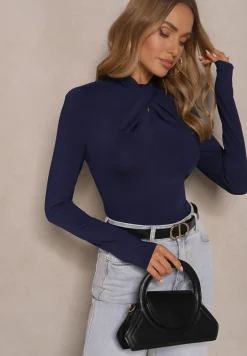 Granatowa Bluzka z Marszczeniem Przy Zabudowanym Dekolcie Nivana