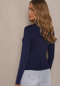 Granatowa Bluzka z Marszczeniem Przy Zabudowanym Dekolcie Nivana