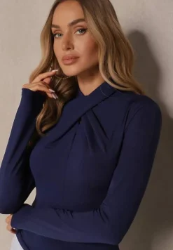 Granatowa Bluzka z Marszczeniem Przy Zabudowanym Dekolcie Nivana