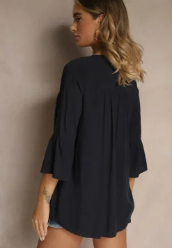 Granatowa Bluzka z Wiskozy Ozdobiona Falbankami Ralivia