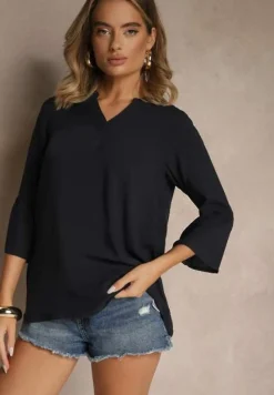 Granatowa Bluzka z Wiskozy Ozdobiona Falbankami Ralivia