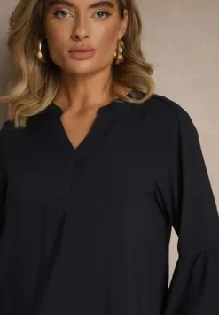 Granatowa Bluzka z Wiskozy Ozdobiona Falbankami Ralivia