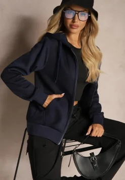 Granatowa Casualowa Bluza z Dodatkiem Bawełny Zapinana na Suwak z Kapturem Arkatia