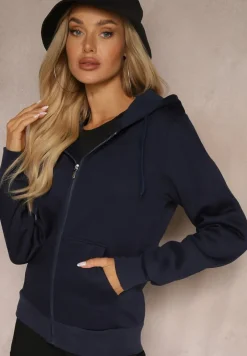 Granatowa Casualowa Bluza z Dodatkiem Bawełny Zapinana na Suwak z Kapturem Arkatia