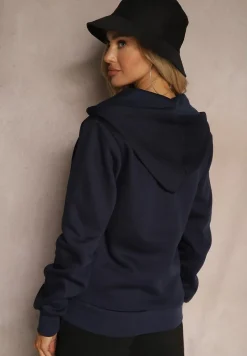 Granatowa Casualowa Bluza z Dodatkiem Bawełny Zapinana na Suwak z Kapturem Arkatia