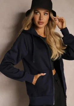 Granatowa Casualowa Bluza z Dodatkiem Bawełny Zapinana na Suwak z Kapturem Arkatia