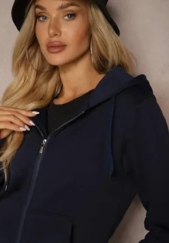 Granatowa Casualowa Bluza z Dodatkiem Bawełny Zapinana na Suwak z Kapturem Arkatia