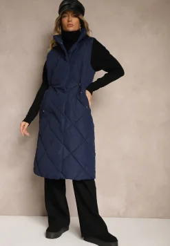 Granatowa Długa Kamizelka z Pikowanymi Przeszyciami ze Stójką i Kieszeniami Avalithe