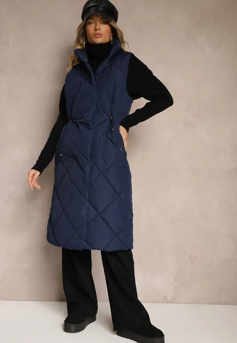 Granatowa Długa Kamizelka z Pikowanymi Przeszyciami ze Stójką i Kieszeniami Avalithe