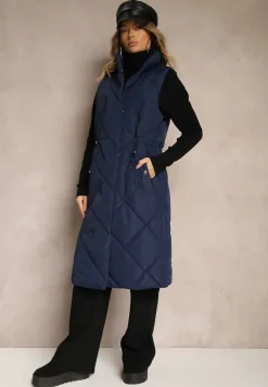 Granatowa Długa Kamizelka z Pikowanymi Przeszyciami ze Stójką i Kieszeniami Avalithe