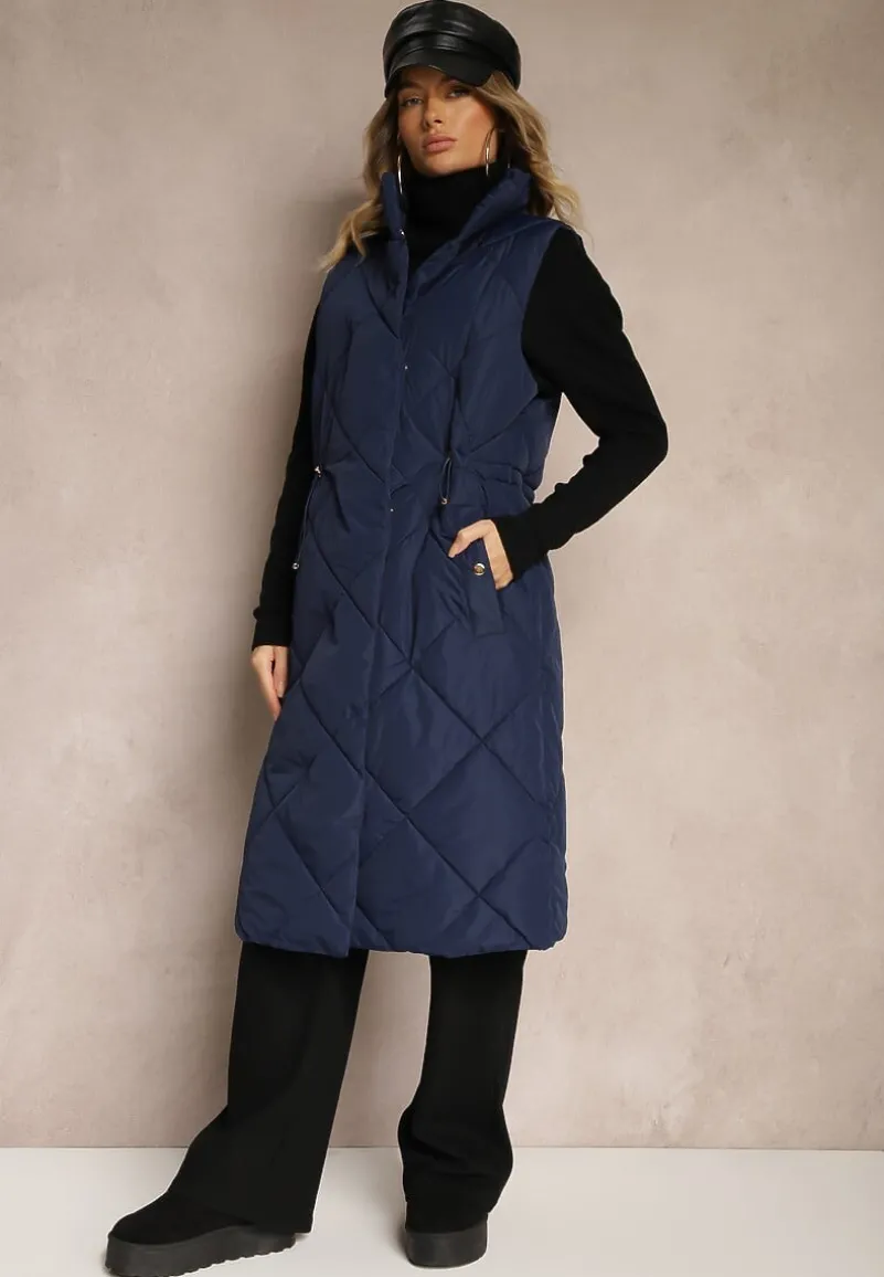 Granatowa Długa Kamizelka z Pikowanymi Przeszyciami ze Stójką i Kieszeniami Avalithe