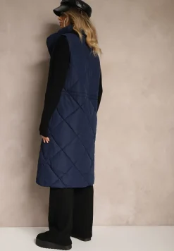 Granatowa Długa Kamizelka z Pikowanymi Przeszyciami ze Stójką i Kieszeniami Avalithe
