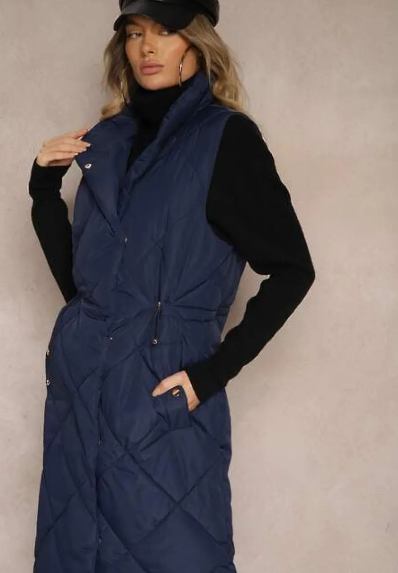 Granatowa Długa Kamizelka z Pikowanymi Przeszyciami ze Stójką i Kieszeniami Avalithe