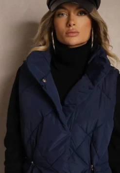 Granatowa Długa Kamizelka z Pikowanymi Przeszyciami ze Stójką i Kieszeniami Avalithe