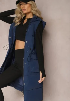 Granatowa Długa Kamizelka z Pikowaniem z Kapturem i Troczkiem w Talii Eutaria