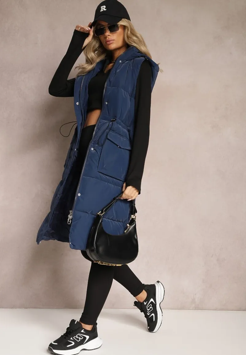 Granatowa Długa Kamizelka z Pikowaniem z Kapturem i Troczkiem w Talii Eutaria