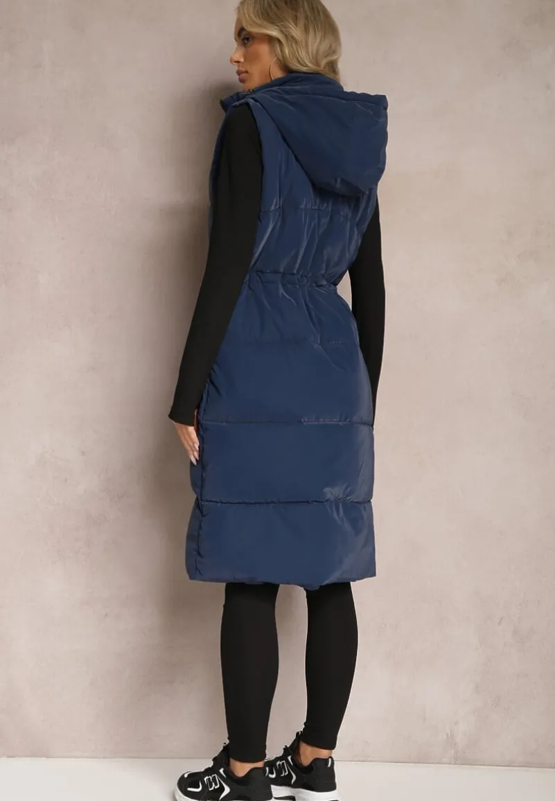 Granatowa Długa Kamizelka z Pikowaniem z Kapturem i Troczkiem w Talii Eutaria