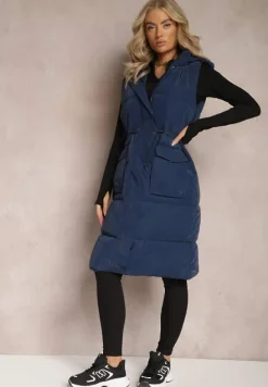 Granatowa Długa Kamizelka z Pikowaniem z Kapturem i Troczkiem w Talii Eutaria
