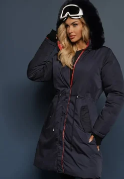 Granatowa Długa Kurtka Płaszcz o Dwustronnym Fasonie z Kapturem Astrae