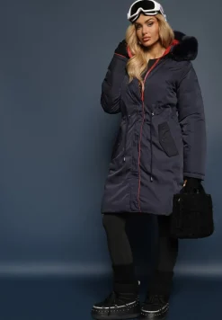 Granatowa Długa Kurtka Płaszcz o Dwustronnym Fasonie z Kapturem Astrae