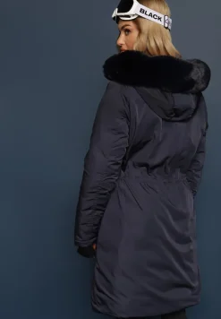 Granatowa Długa Kurtka Płaszcz o Dwustronnym Fasonie z Kapturem Astrae