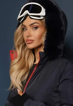 Granatowa Długa Kurtka Płaszcz o Dwustronnym Fasonie z Kapturem Astrae